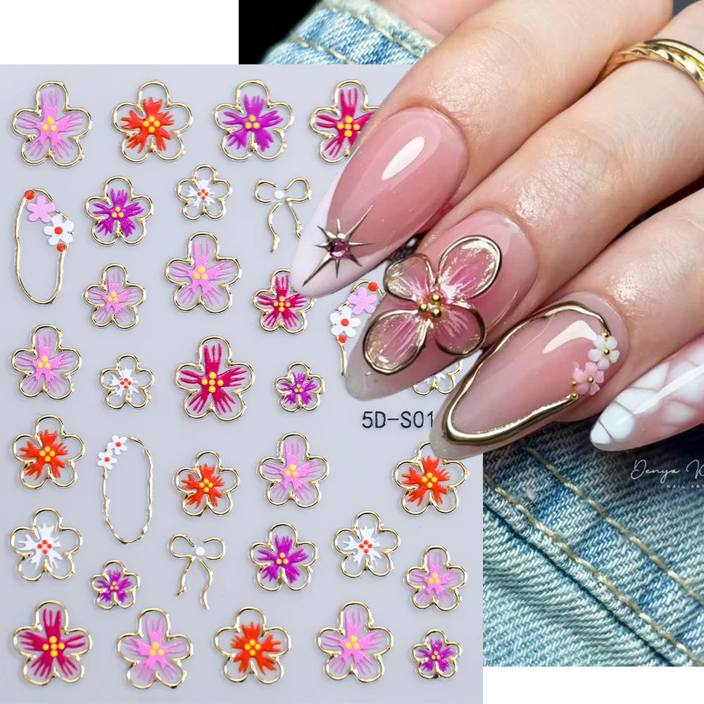 5D Luxus Gold Outline Kirschblüten Nagelaufkleber Chrom-Rahmen Schleife & Blüten Nagelsticker Selbstklebende Nagelschleifer Maniküre DIY