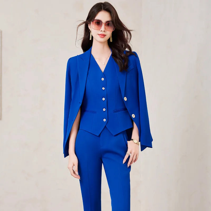Modischer königsblauer Damen-Blazeranzug im 3-teiligen Set mit Weste und hochtaillierter Hose, langärmlig, einfarbig, Bürokleidung, Damen-Outfit