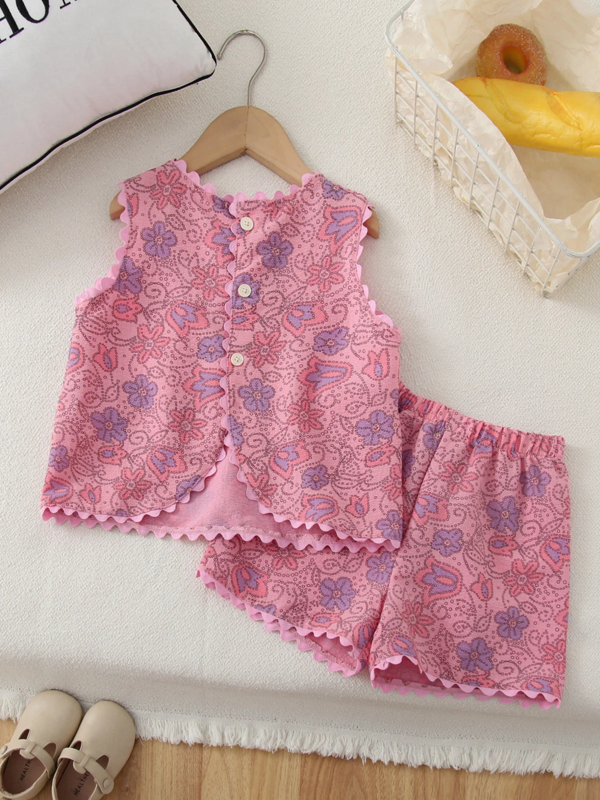 Sommer-Mädchenanzüge, modische Weste mit Blumen- und Polka-Dot-Print und Tasche + Shorts, 2-teiliges Set, niedliche Kinderkleidungssets
