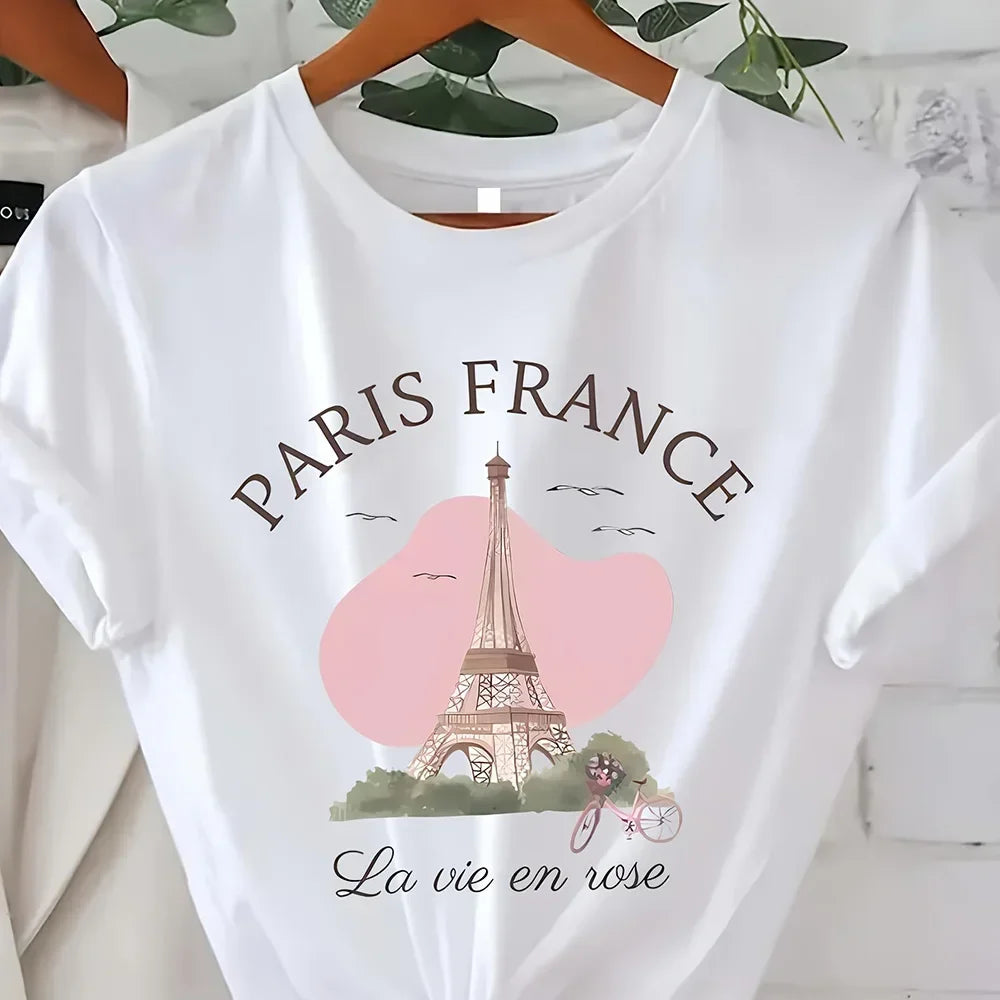 Vintage Elegantes O-Ausschnitt Kurzarm T-Shirt Paris Tower Bedrucktes Top Hochwertige, bequeme und minimalistische Damenbekleidung