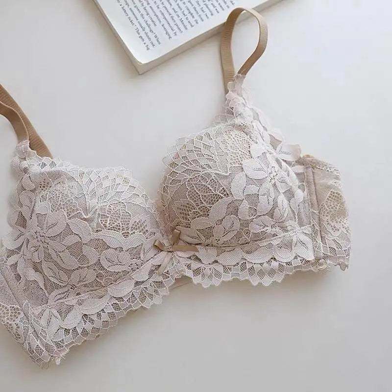 Spitzen-BH-Set im japanischen Stil für Damen, kleine Büste, Push-Up-Lift, verstellbar, Anti-Durchhängen, seitliche Unterstützung, kein Lücke, kabellos, luxuriöser Komfort AB