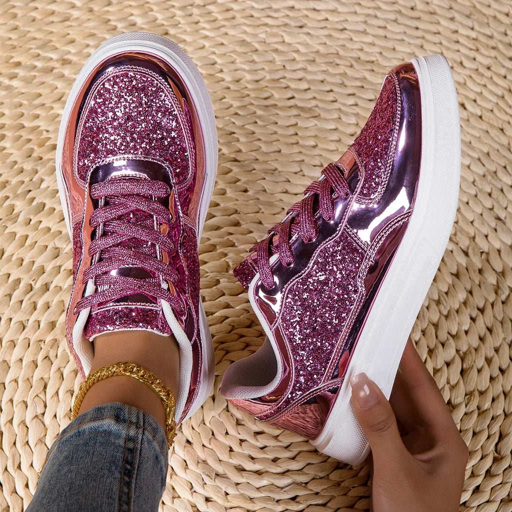 DJSUNNYMIX Modische Sneakers für Damen Trendige Plateau-Schnürschuhe mit Strass Lässige Designer-Schuhe Glänzende Damenschuhe