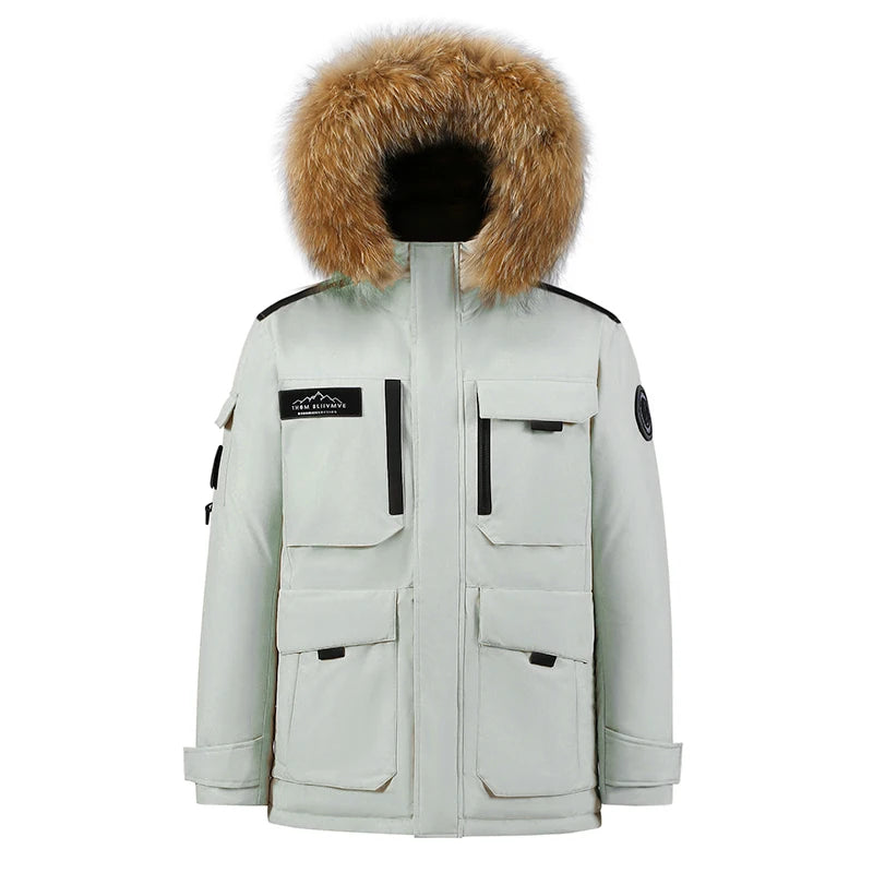 -30 Grad Daunenparkas für Herren, winddicht, mit Kapuze, verdickt, mehrere Taschen, Daunenmantel, lässig, modisch, dick, warm, besticktes Design, Parka