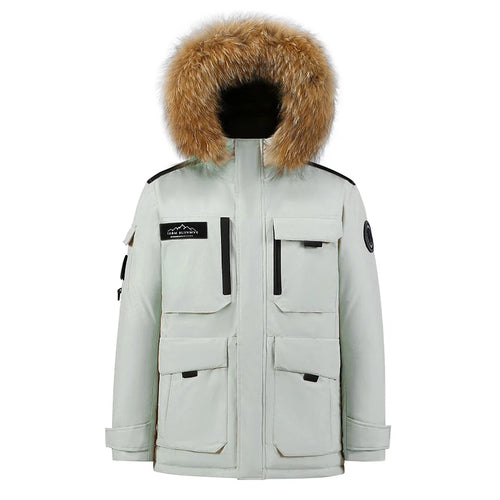 -30 Grad Daunenparkas für Herren, winddicht, mit Kapuze, verdickt, mehrere Taschen, Daunenmantel, lässig, modisch, dick, warm, besticktes Design, Parka