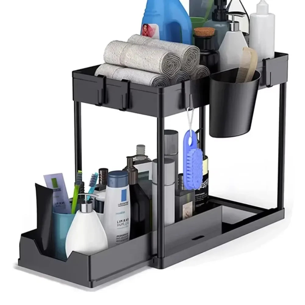 2-stufiger verschiebbare Aufbewahrungskorb unter der Spüle, multifunktionales Organizer-Rack mit Haken, hängende Tasse, platzsparend für Badezimmer und Küche