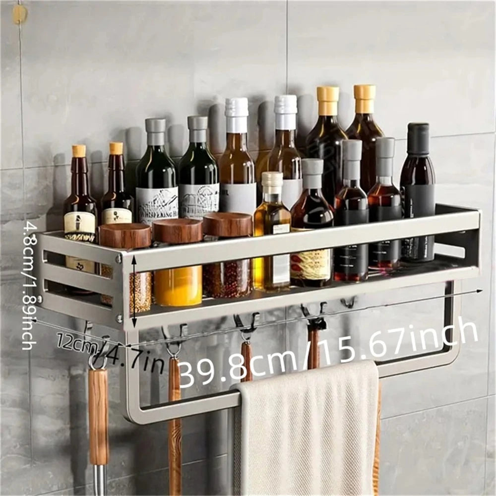 Wandmontiertes Gewürzregal aus Aluminium, multifunktionales Gegenstandsregal, Küchenutensilien, Haken, Aufbewahrungsregal für Küchengewürze