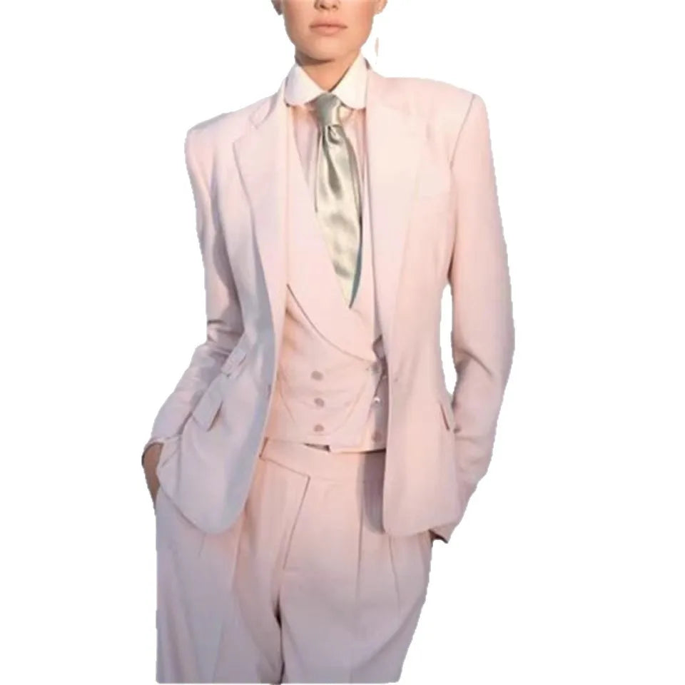 Büro-Damen-Hosenanzüge Rosa Damen Business Klassischer Einknopf-Blazer mit Schlaghose Weste Hose Dreiteiliges Set Formeller Anzug