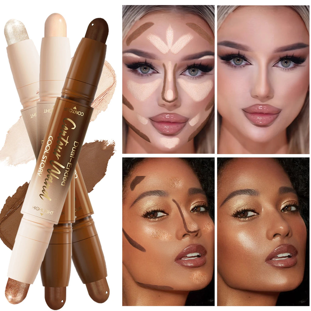 Dual-Ended Bronzer Contour Stick 2 in 1 Smooth Cream Nose Shadow Concealer Pen V Face Brighten Highlight Face Shaping Makeup