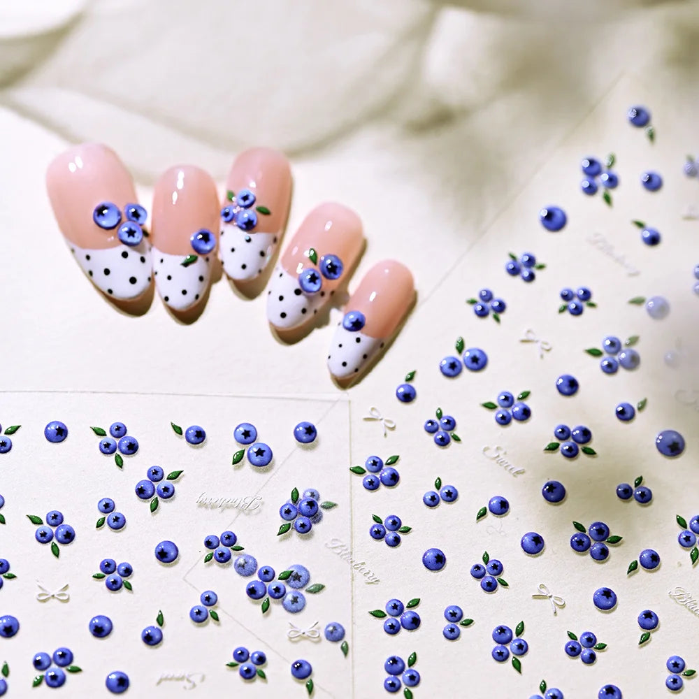 1 Stück Niedliche Blaubeer-Muster Nagelaufkleber Süße Blaue Früchte & Weiße Schleife Selbstklebende Nagelsticker Sommer DIY Maniküre Zubehör