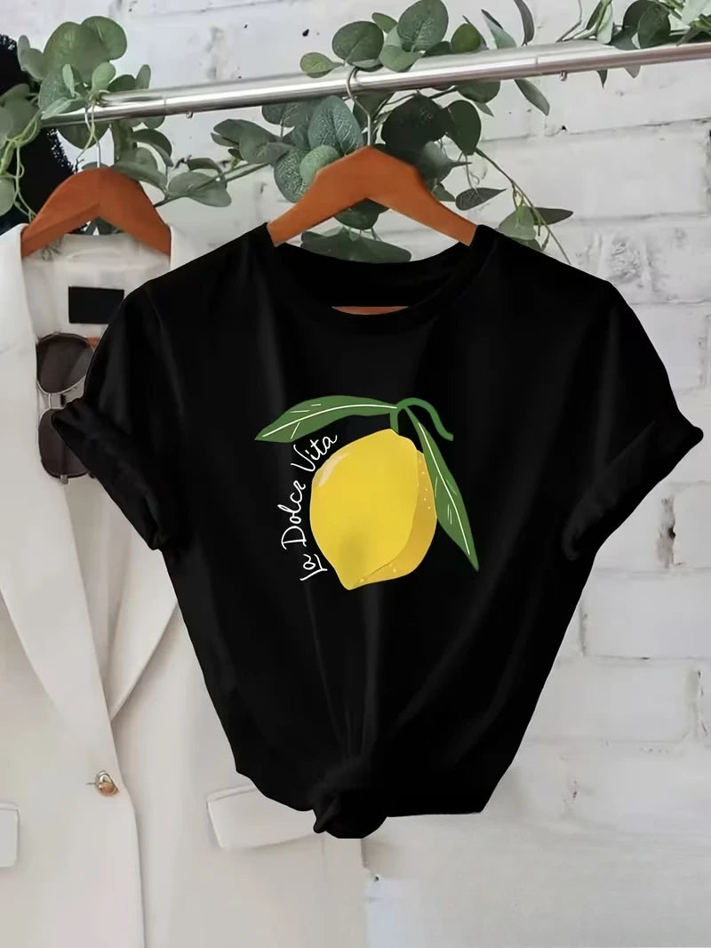 Damen-T-Shirt mit Zitronenmuster – leicht und atmungsaktiv, kurzärmelig, weiß mit gelbem Zitronen-Design, perfekt für Freizeitkleidung