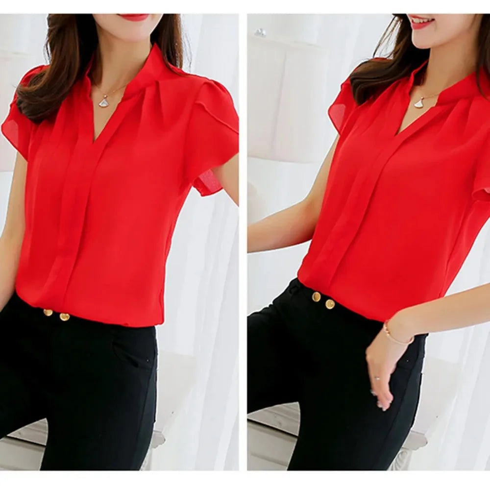 2024 frauen Hemd Chiffon Blusas Femininas Tops Kurzarm Elegante Damen Formale Büro Bluse Chiffon Hemd Kleidung