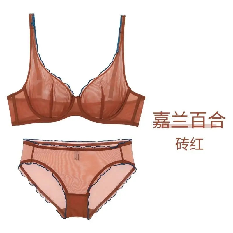 Anspruchsvoller französischer Minimiser-BH mit Bügelunterstützung, dreieckige Körbchen, nicht gepolstertes Netz-Dessous-Set für große Brüste, MOYISU-Höschen-Set