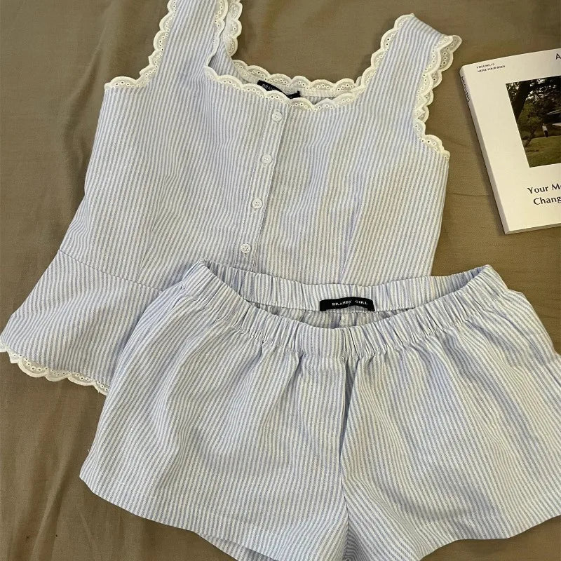 Gestreifte Frauen Pyjamas Sommer Nachtwäsche Ärmellose Shorts Sets 2 Stück Spitze Nacht Trägt Tank Koreanische Schlafen Hause Anzug 2025 Neue