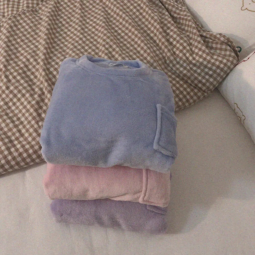 Fleece-Pyjama-Set für Damen, dick, warm, Winter-Nachtwäsche, lässig, solides Oberteil und karierte Hose, weiches Pyjama-Set für Damen, Heimanzug