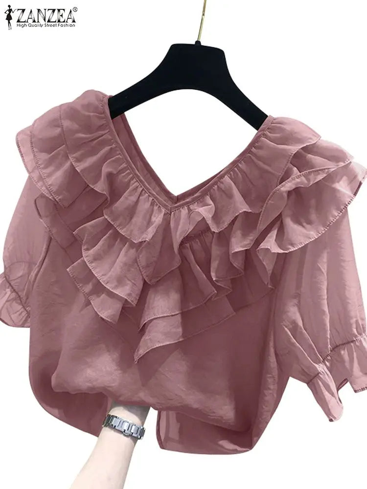 ZANZEA Frauen Feste Rüschen Bluse Vintage 3/4 Ärmel V-ausschnitt Chemise 2024 Sommer Büro Chiffon Shirts Casual Lose Nähte Tops