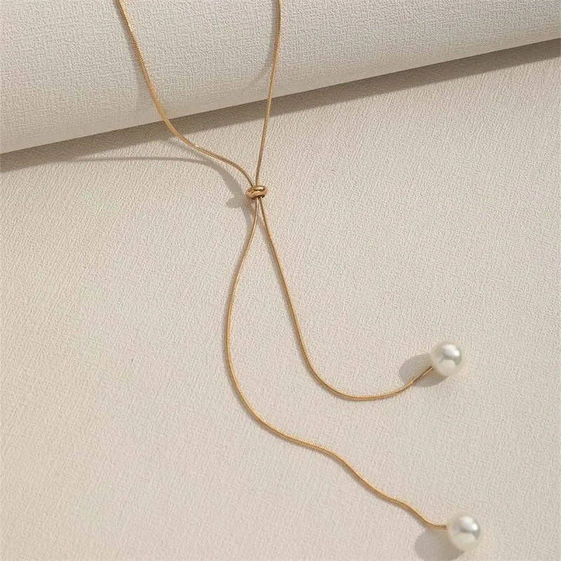 Mode Silber Farbe Lange Quaste Pull Perle Anhänger Halsketten für Frauen Einfache Einstellbare Schlüsselbein Kette Choker Schmuck Geschenk