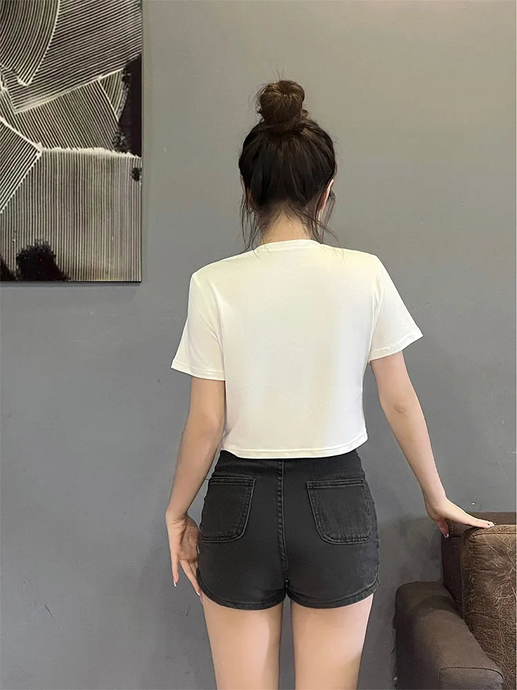 Y2K Sommer Slim Fit Mode T-Shirt Martini Cocktail Kurze Gerade Schulter Trendy Top für Freizeitkleidung