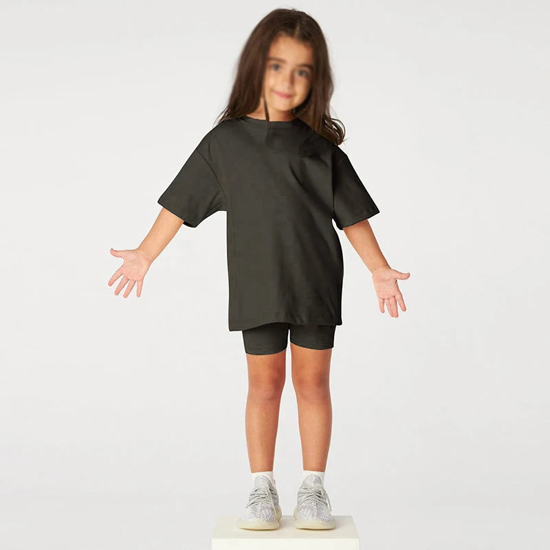 Neuheit Kleine Kinder Baby Mädchen Kleidung 2 Stück Trainingsanzug Set Übergroßen Kurzarm Baumwolle T-shirt + Leggins Shorts Sport Anzug