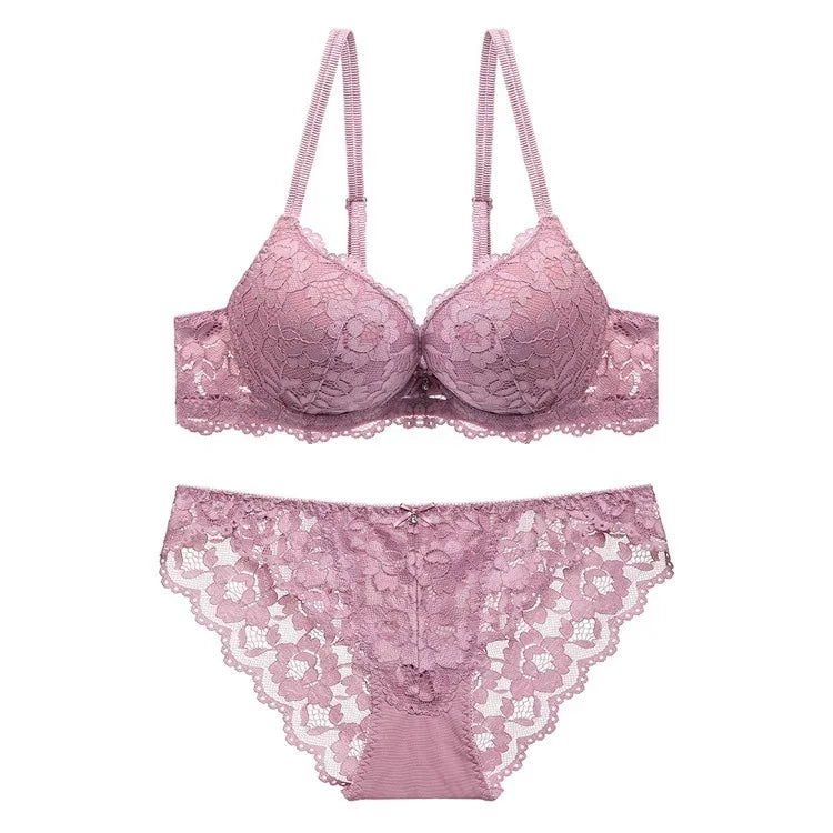 Sexy Spitzen-Blumen-Damenunterwäsche-Set mit Doppelträgern, Push-Up BH und Transparenten Sexy Slips