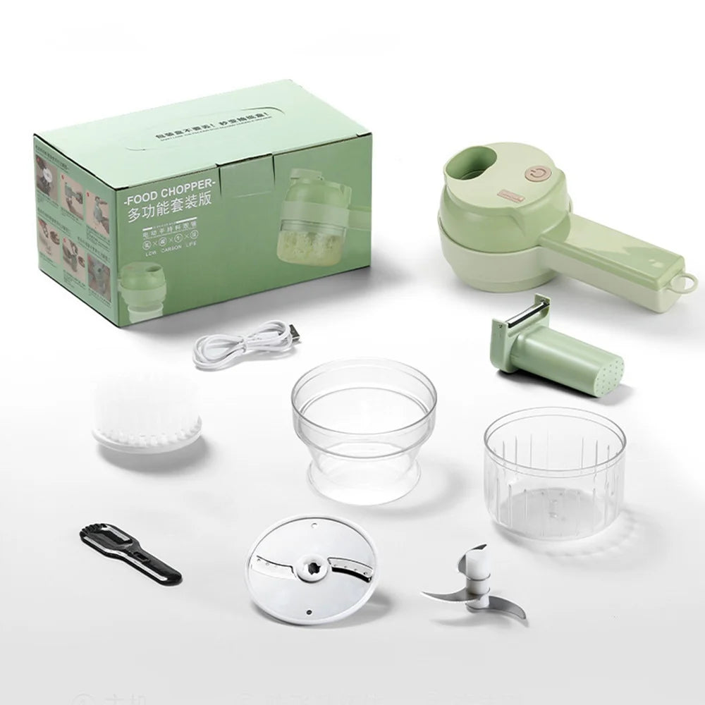 4-in-1 kabelloser Gemüseschneider, elektrischer Handzerkleinerer, Knoblauchpresse, USB-Schneidemaschine, Fleischzerkleinerer, automatischer Gemüseschneider