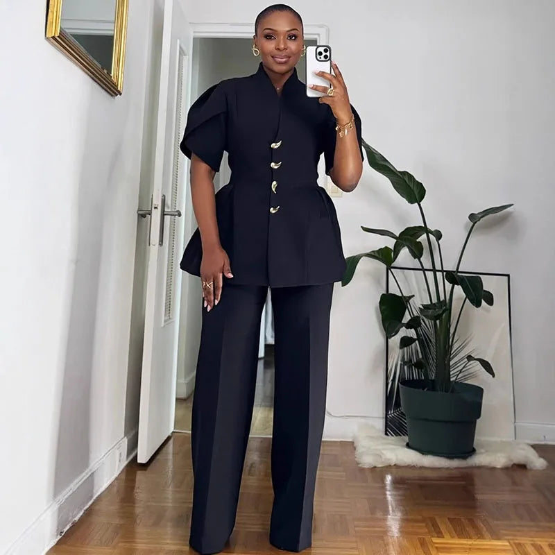 Vintage Elegante Zwei Stück Set Frauen Passenden Sets Büro Dame einreiher Puff Sleeve Blazer Mantel und Breite Bein Hosen anzüge