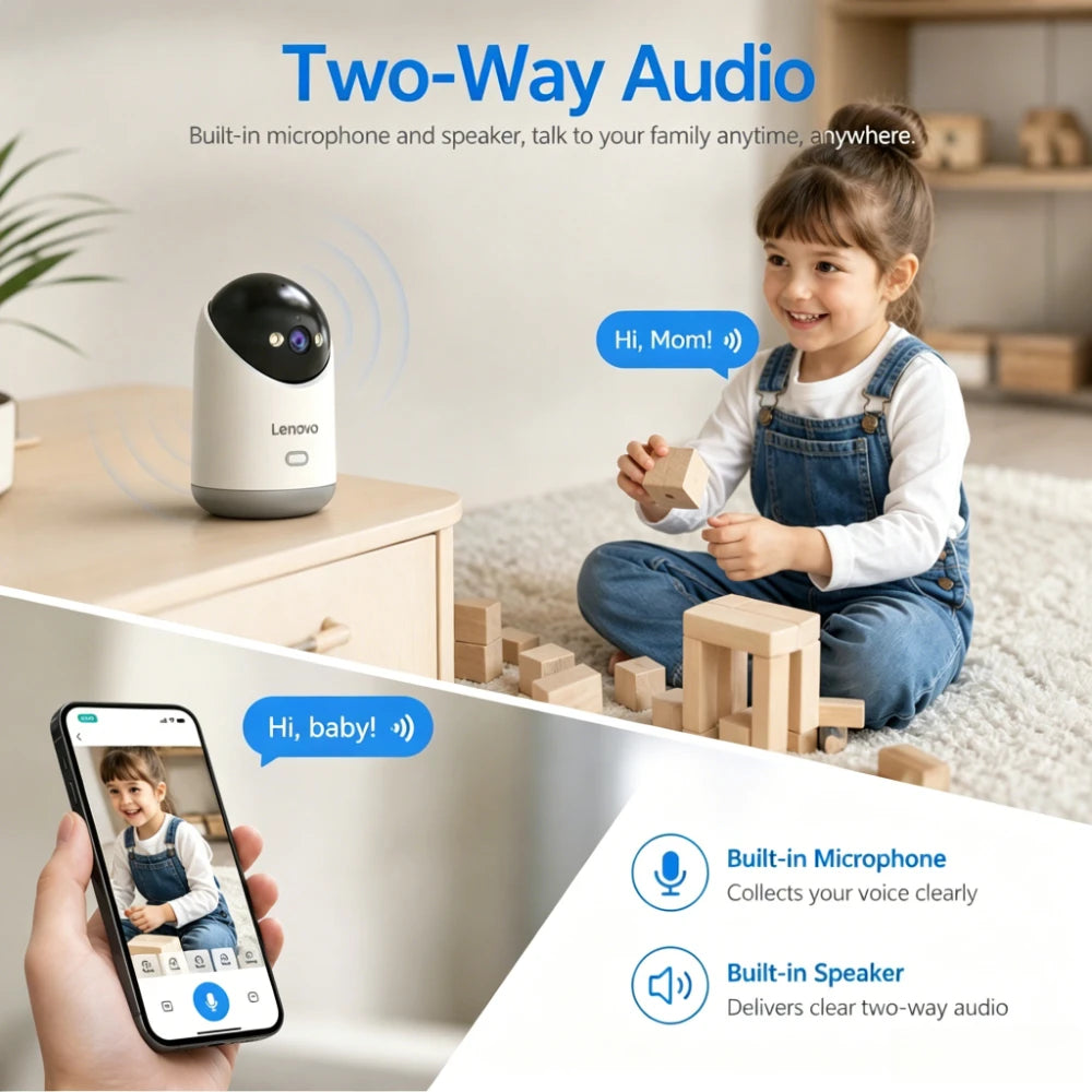 Lenovo 3K HD Indoor PTZ WLAN-Sicherheitskamera mit Auto-Tracking, Zwei-Wege-Audio, Farbnachtsicht und 360°-Ansicht °   Drahtloser Babyphone mit Schwenk- und Neigefunktion
