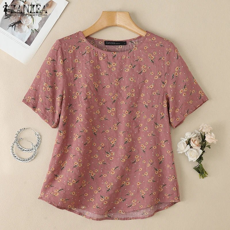 2026 ZANZEA Sommer Bedruckte Bluse Damen Lässige Halbarm-Blumen-Tunika-Oberteile O-Ausschnitt Arbeitshemd Bohemian Loose Fit Urlaubsblusen