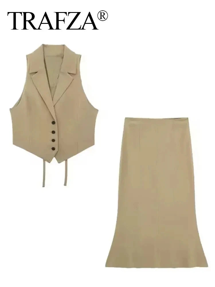 HH Frauen Solide Weste Rock Sets Zurück Spitze Einreiher Westen Top Seite Zipper Schlank Midi Röcke Mode High Street outfit