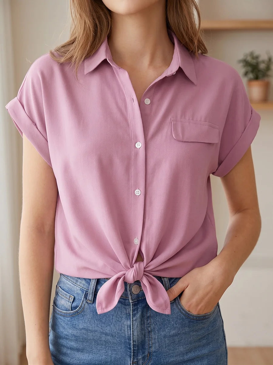 Solides Hemd für Damen, Sommer, kurzärmelig, mit Knöpfen, Umlegekragen, Bluse, lässig, Büro, Arbeitskleidung, lockere Oberteile, solide Basic-Kleidung
