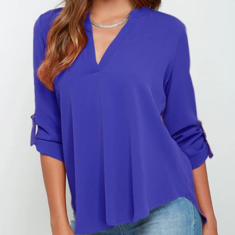 Damen Tops Blusen Langarm V-Ausschnitt Chiffon Bluse Büroarbeit Hemd
