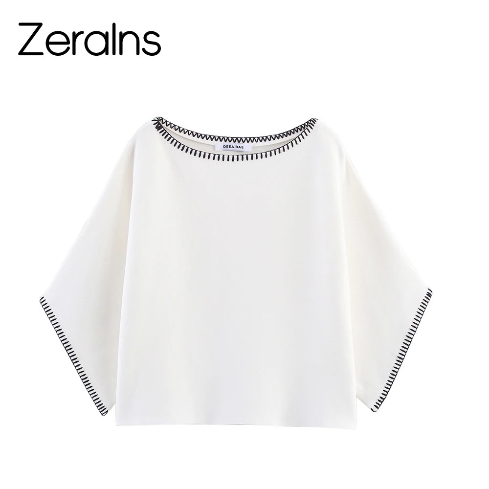 ZERAINS Damen Herbst Neue Kollektion Farbkontrast Gesticktes Rundhals-Strickhemd Gestricktes Halbrock-Set