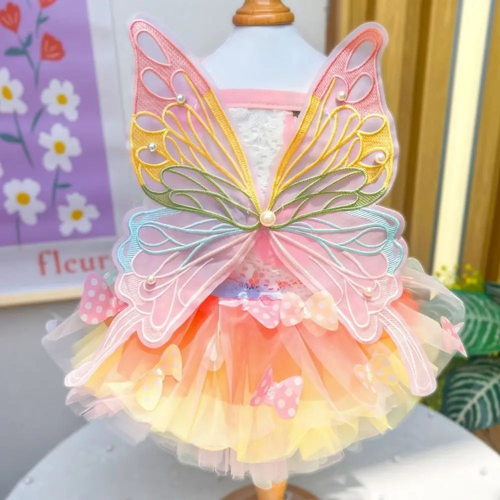 Niedliche Regenbogen-Schmetterlingskleider für Katzen und Hunde, Spitzen-Tutu-Prinzessinnenkleid, leichtes Tüll-Tragekleid für Kätzchen und Welpen