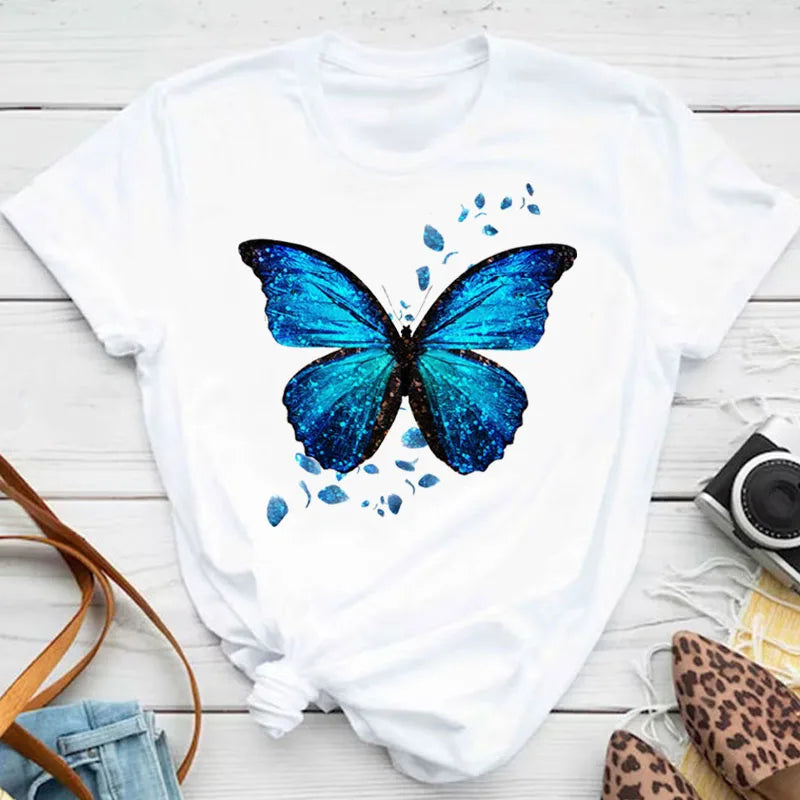 Neue blaue Schmetterling Blumen gedruckt T-Shirt Frauen Sommer lässig Kurzarm O-Ausschnitt Tops 90er Jahre Mode Grafik weibliche Tops T-Shirts