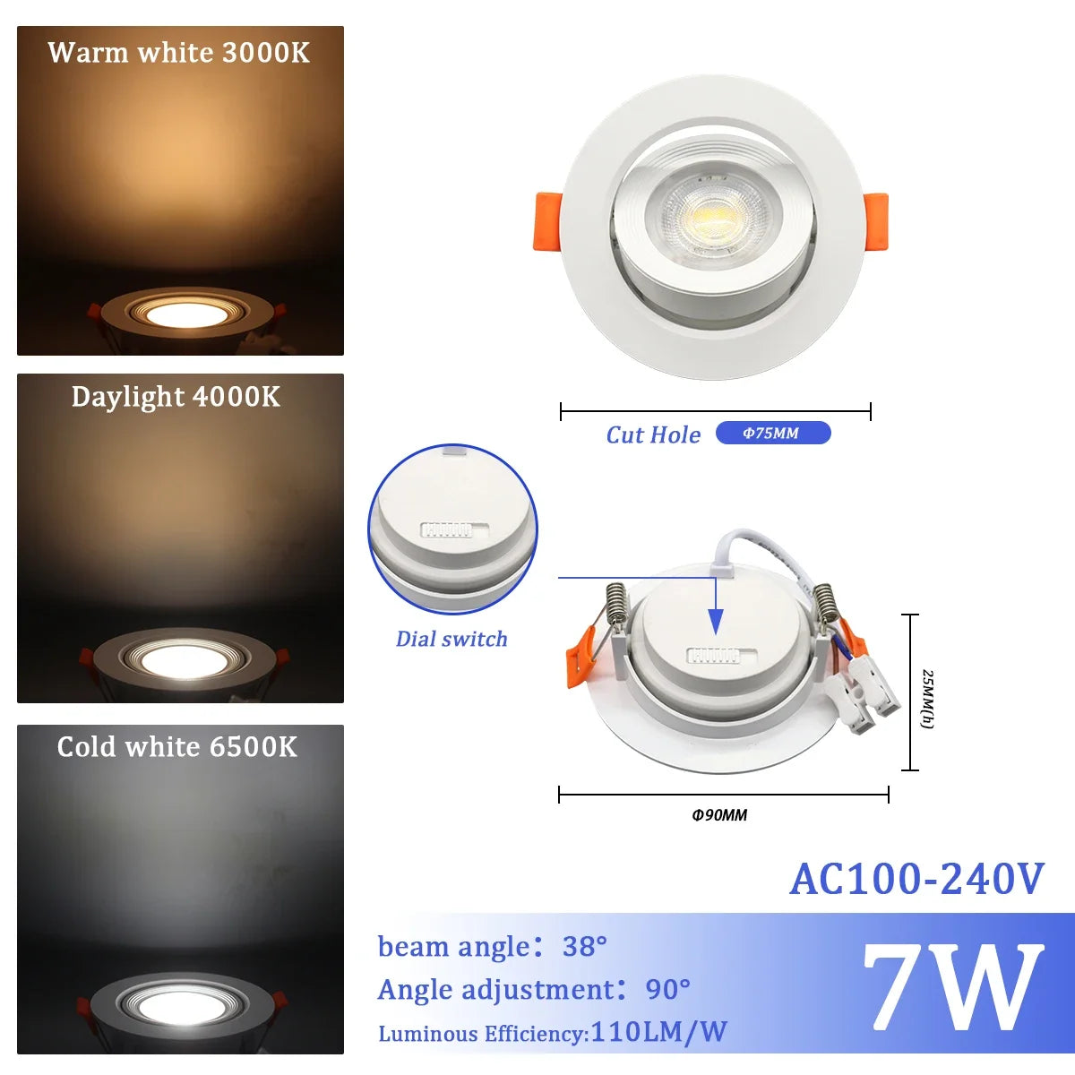 1-10 Stück 7W 3 CCT LED Farbwechsel 3000K 4000K 6000K LED-Deckenstrahler Einbauleuchte AC 110V 220V Einstellbar 90° °   Beleuchtungsspot