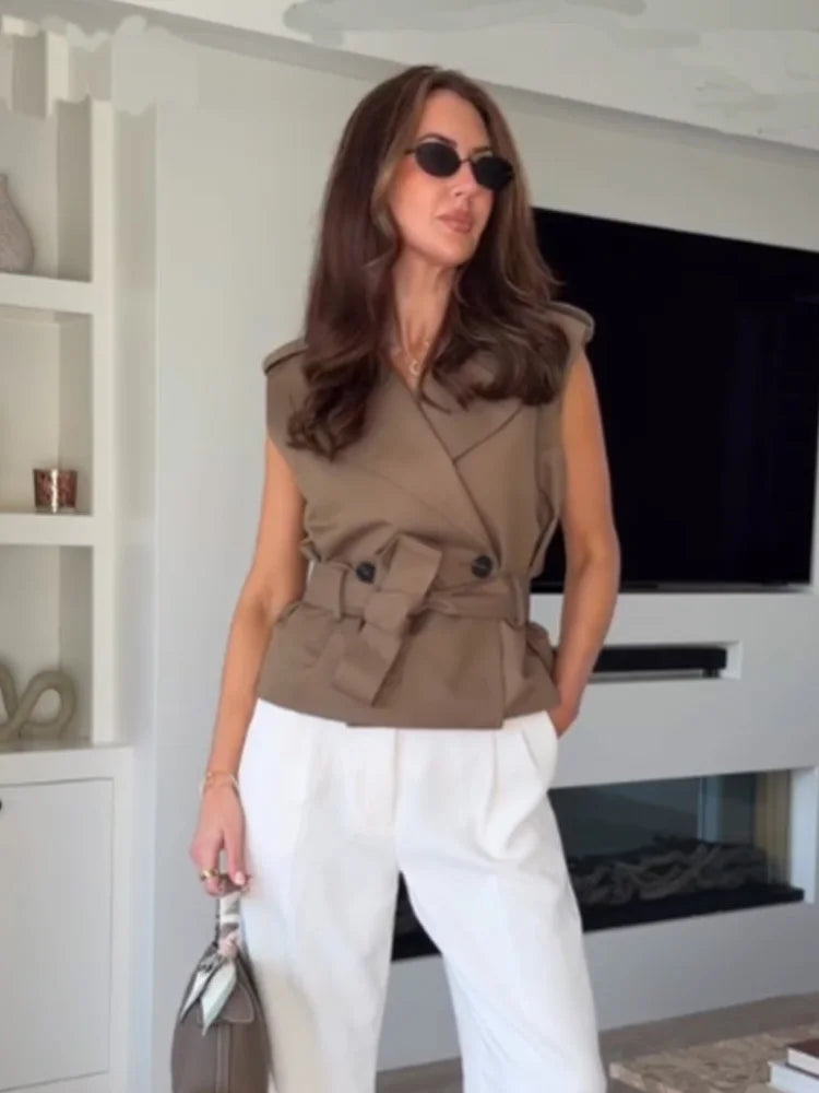 HH Damen 2026 Sommer Mode Vielseitige Khaki Weste mit Taillengürtel für Pendlerinnen Elegantes Doppelreihiges Ärmelloses Oberteil