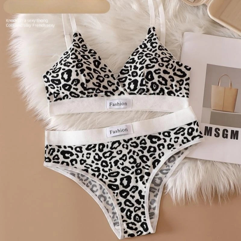 Frauen V-ausschnitt Bh Und Höschen Set Niedrige Taille Höschen Weibliche Sexy Dessous Set Leopard Print Baumwolle Bh Sport Unterwäsche Set