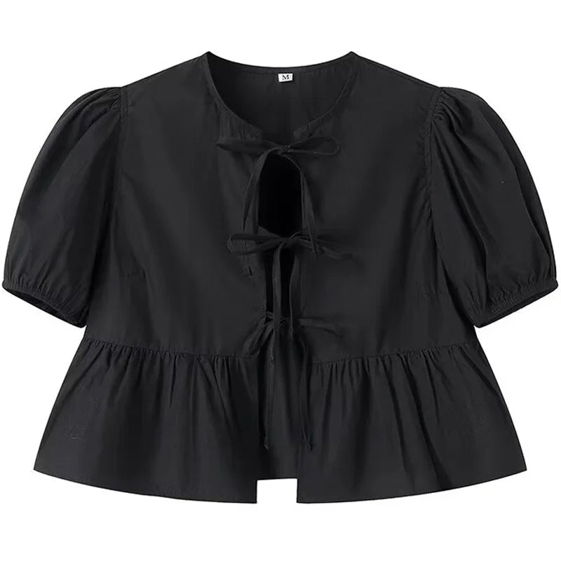 HXAO Crop Bow Bluse Damen-Hemd, Herbst 2022, lockeres schwarz-weißes Leoparden-Hemd, modische Ausschnitte, Schnür-Puff-Kurzarmhemden