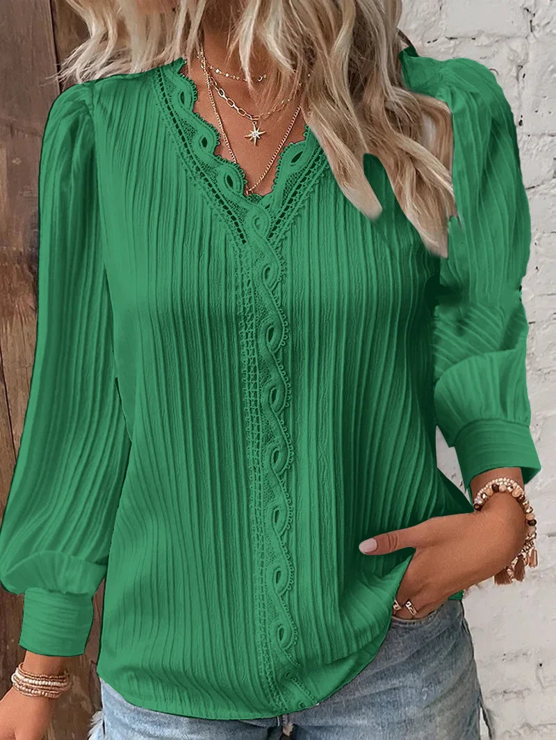 Weiße Damenblusen, Spitzennähte, V-Ausschnitt, schlichtes Chiffon-Hemd, Herbst-Langarm-Pullover, lockeres Oberteil, elegante Straßenbluse für Damen