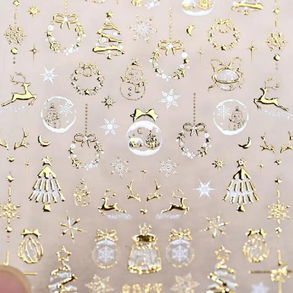 5D Goldprägung Schleife Ball Hirsch Weihnachten Nagelaufkleber Glänzender Kranz Weihnachtsbaum Kristall Nagelaufkleber Winter Nageldekoration