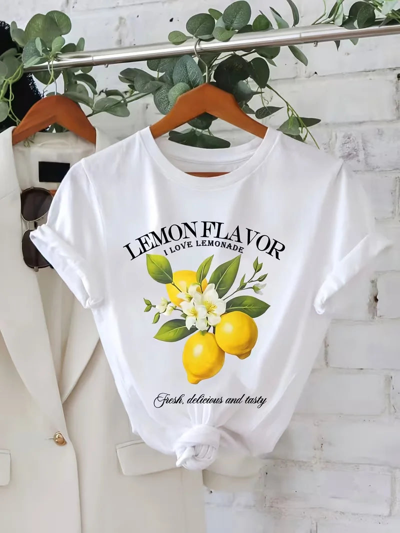 Damen-T-Shirt mit Zitronenmuster – leicht und atmungsaktiv, kurzärmelig, weiß mit gelbem Zitronen-Design, perfekt für Freizeitkleidung