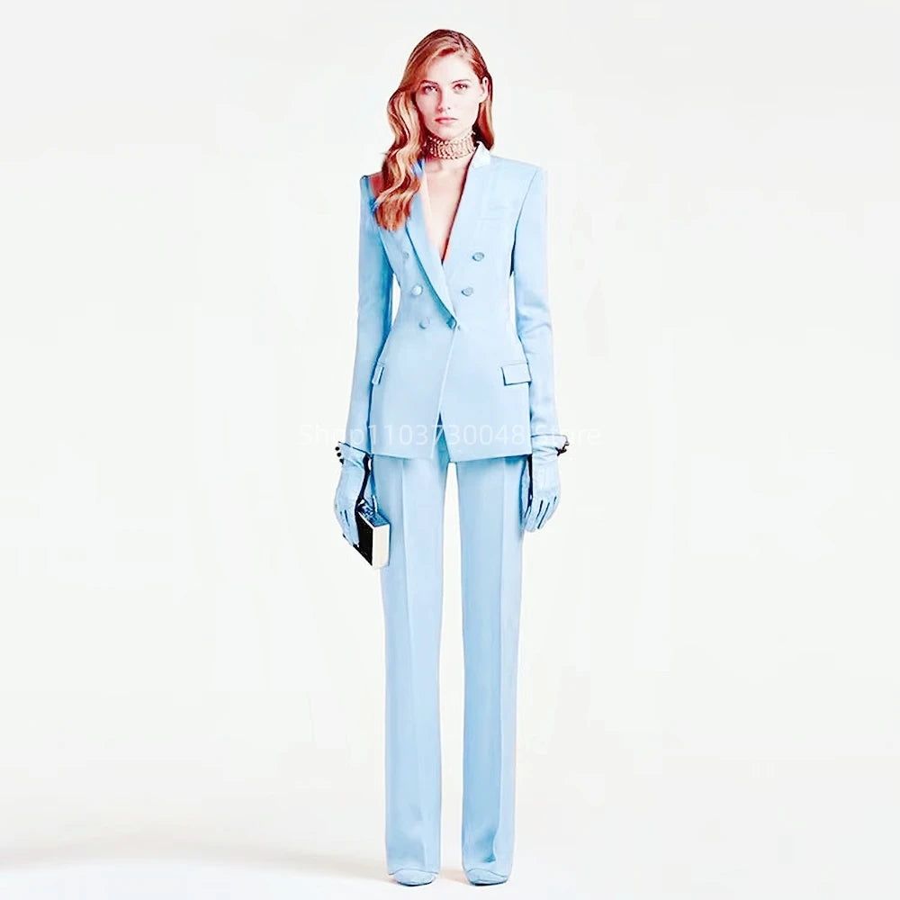 Elegantes, zweireihiges Blazer- und Hosen-Set für Damen, hochwertiger zweiteiliger Hosenanzug, Büro-Outfit, modische, passende Sets