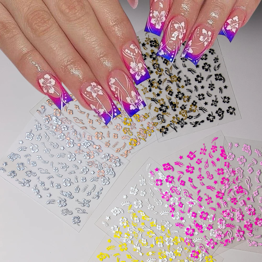 1 Stück 3D weiße Hibiskusblüten-Nagelkunst-Aufkleber, 8 Farben, hohle Blütenblätter, Blumen-Nagelaufkleber, exquisiter Gold-/Silber-/Schwarz-Blumenschieber