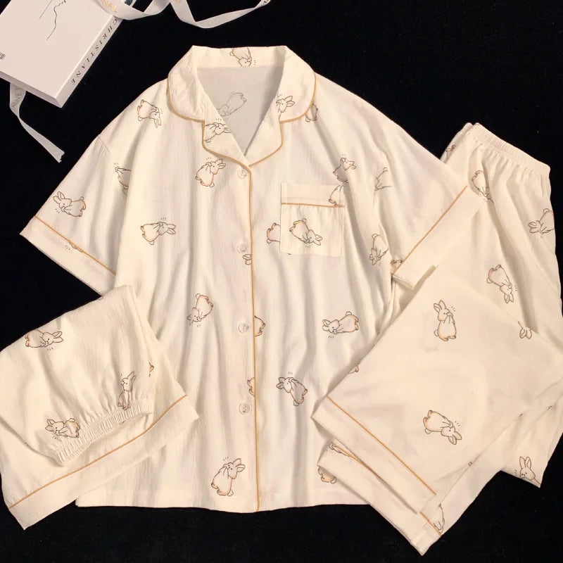 Frauen Neue Koreanische Einfache Kaninchen Druck Pyjamas Frühling und Sommer Wolken Drei-Stück Set Mode Faul Freizeit hause Tragen