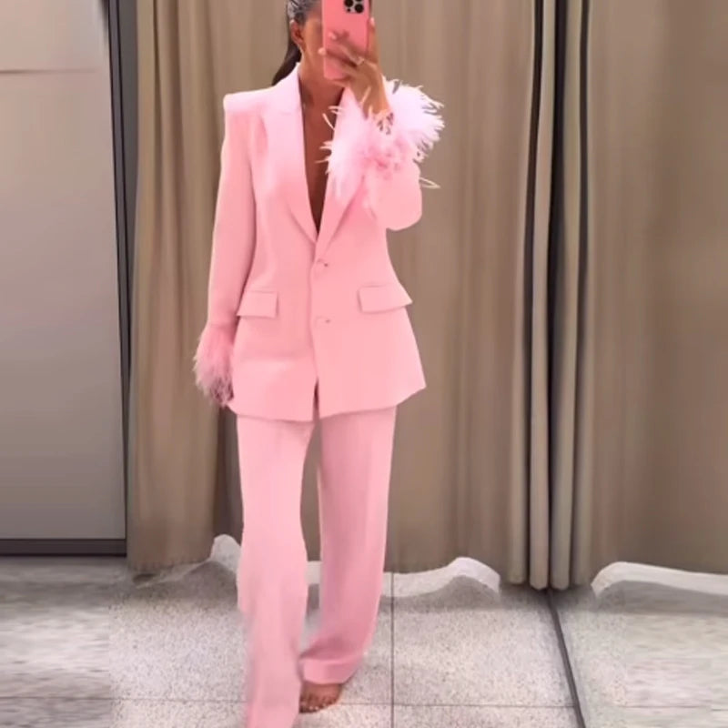 HXAO Damenanzüge, Blazer und Hose, langärmelig, formelle Hosen-Sets, 2-teiliges Set, Büro, lässig, rosa Anzug, Blazer-Sets, zweiteilig