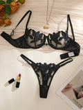 Schwarz besticktes Blumen-Dessous-Set – Sexy BH und G-String-Kombination mit Herz-Dekoration, Unterwäsche-Set für Damen