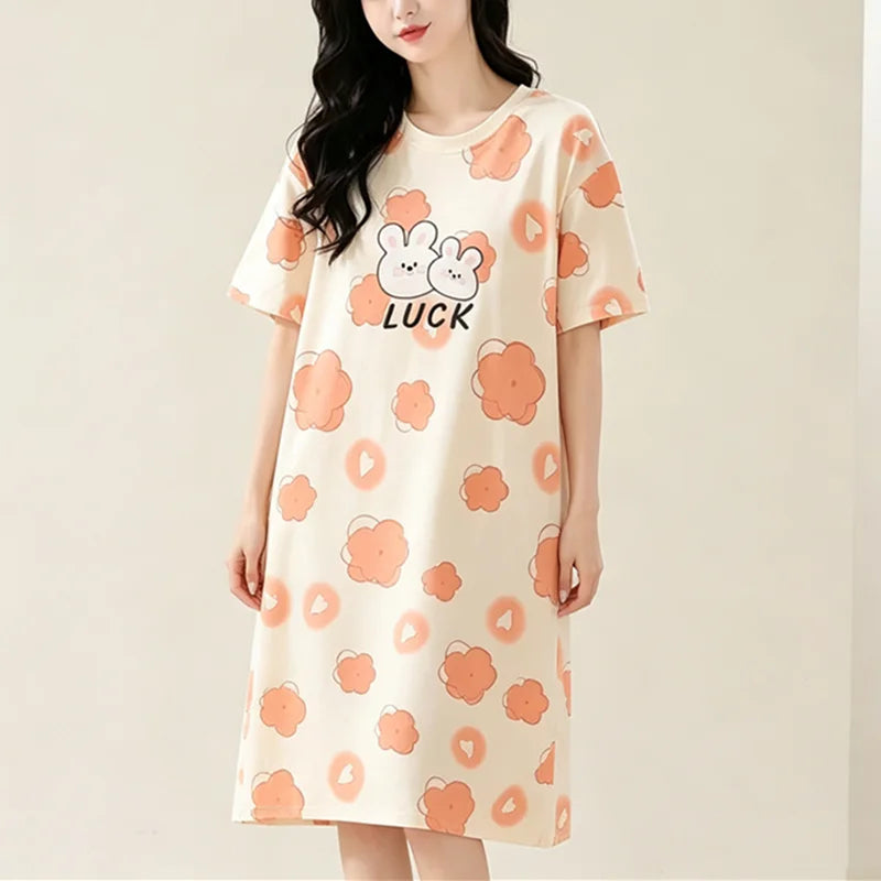 Damen-Pyjama in Übergröße, kurzärmeliges Nachthemd, LUCK langer Studenten-Bademantel, Kaninchen-Maxirock, Loungewear, Mädchenkleid, süßes Pyjama-Kleid