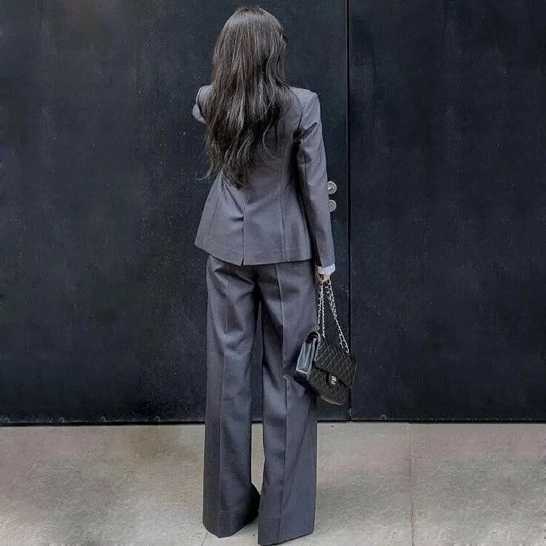 Damenanzug, 2-teilig, dunkelgrau, einfarbig, locker geschnitten, für Hochzeit, Party, Business, Arbeit, Büro, Pendeln, Alltag, Blazer und Hose