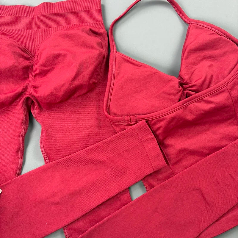 HISTELLO Gym-Leggings-Set, 2-teilig, für Damen, Yoga, lang, mit Trägern, nahtlos, Fitness-Kleidung, Laufen, Workout, Sport-Tops, Outfit