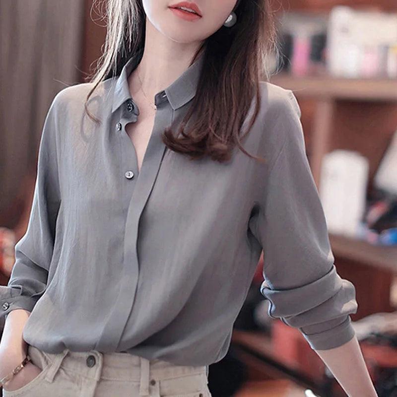 Frauen Frühling Herbst Stil Blusen Hemden Dame lässig Langarm Turn-Down-Kragen einfarbige Blusas Tops wy1038