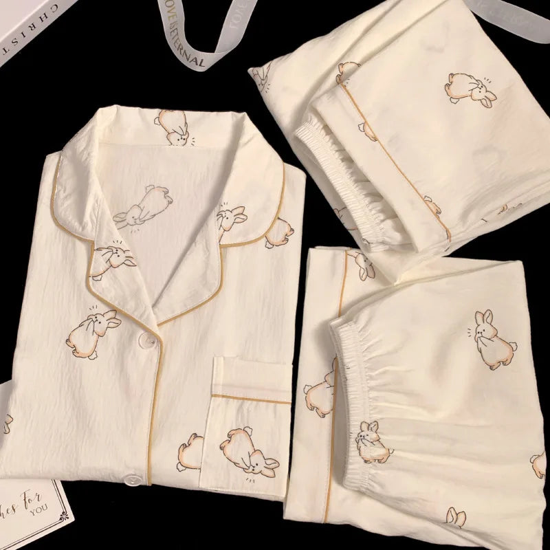 Frauen Neue Koreanische Einfache Kaninchen Druck Pyjamas Frühling und Sommer Wolken Drei-Stück Set Mode Faul Freizeit hause Tragen